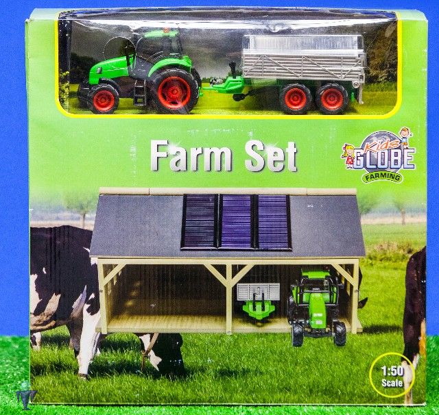 1:50 Kids Globe 610048 Farm Set Traktor mit Anhänger und Scheune Blitzversand 